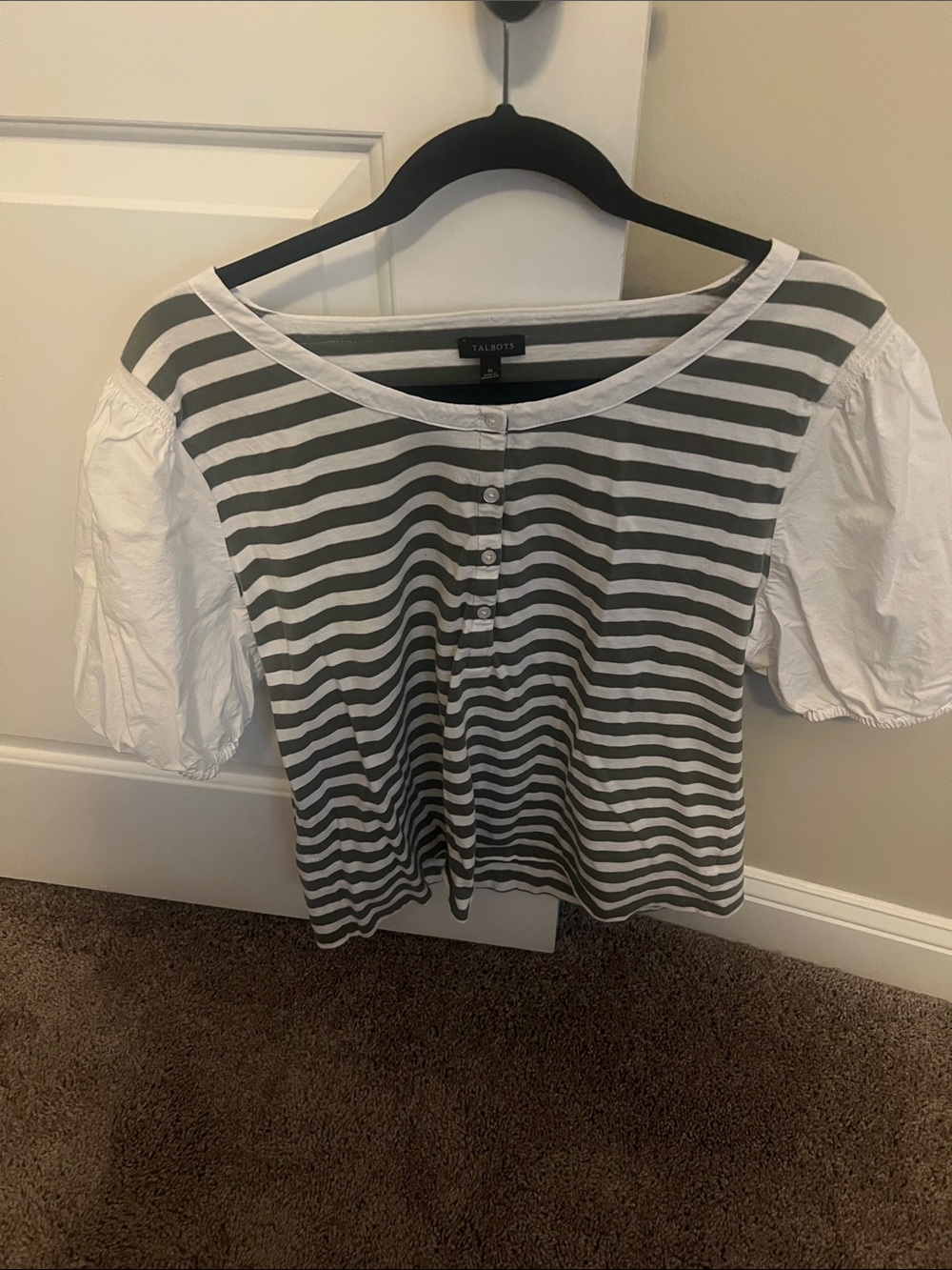 Talbots White and army green  Striped Puff-Sleeve Women's Top